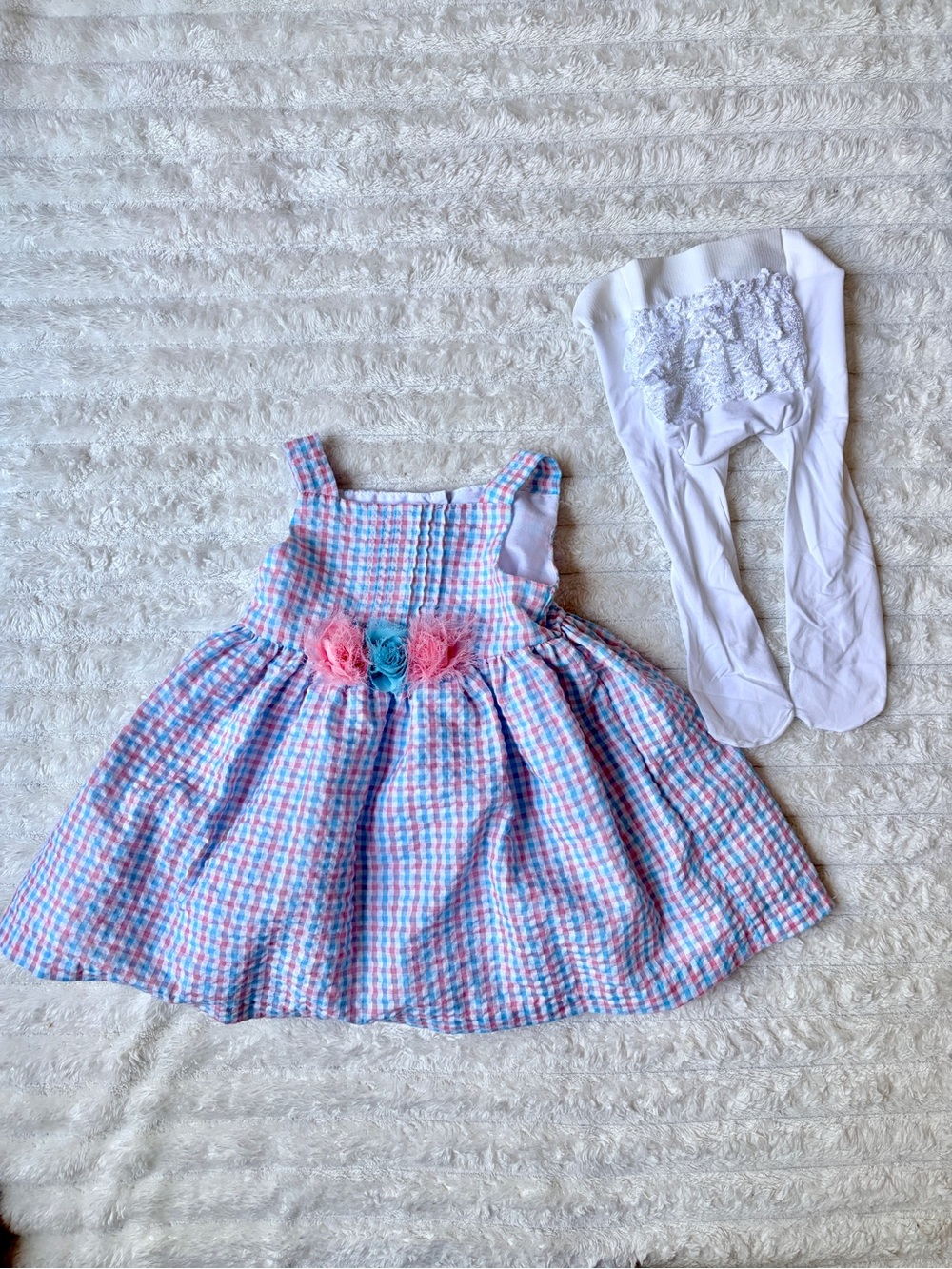 Marmellata Pink & Blue Gingham Dress with Lace Ruffle Tights 3–6 Months